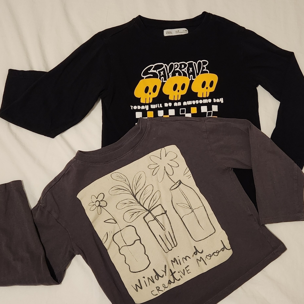 Zara Kids Long Sleeve Tees - Black and Gray with Graphic Designs